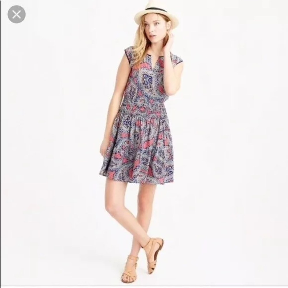 J.Crew Navy Paisley 100% Silk A-Line Elastic Waist Dress Sz 4